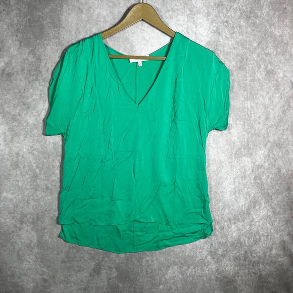 Milly Blouse Womens Small Green Silk Blend Short Sleeves V-Neck Hi-Low Casual - Picture 1 of 12